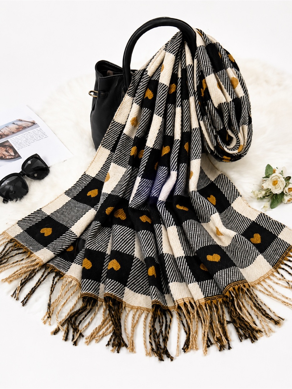 Heart Print Plaid Winter Scarf
